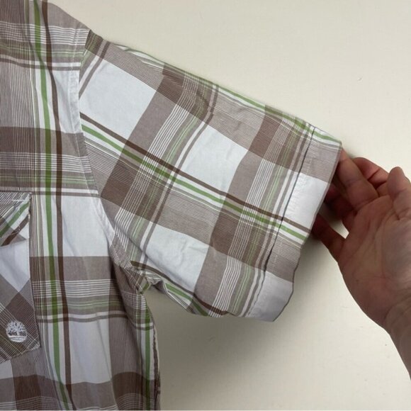 Timberland Mens short sleeve plaid tan green cotton snap closure button down top - Picture 4 of 10
